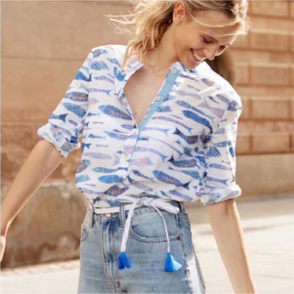 Persifor Freya Cotton Voile Fish Shirt with Roll Up Sleeves Size M Coastal